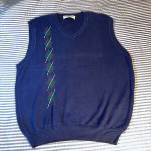 Fairway & Greene Mens Navy Blue Argyle V-Neck Golf Sweater Vest Cut Tag